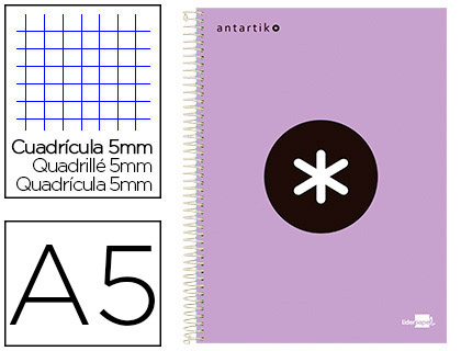 Cuaderno espiral Liderpapel Antartik A-5 tapa forrada 120h micro 100g c/5mm. color lavanda